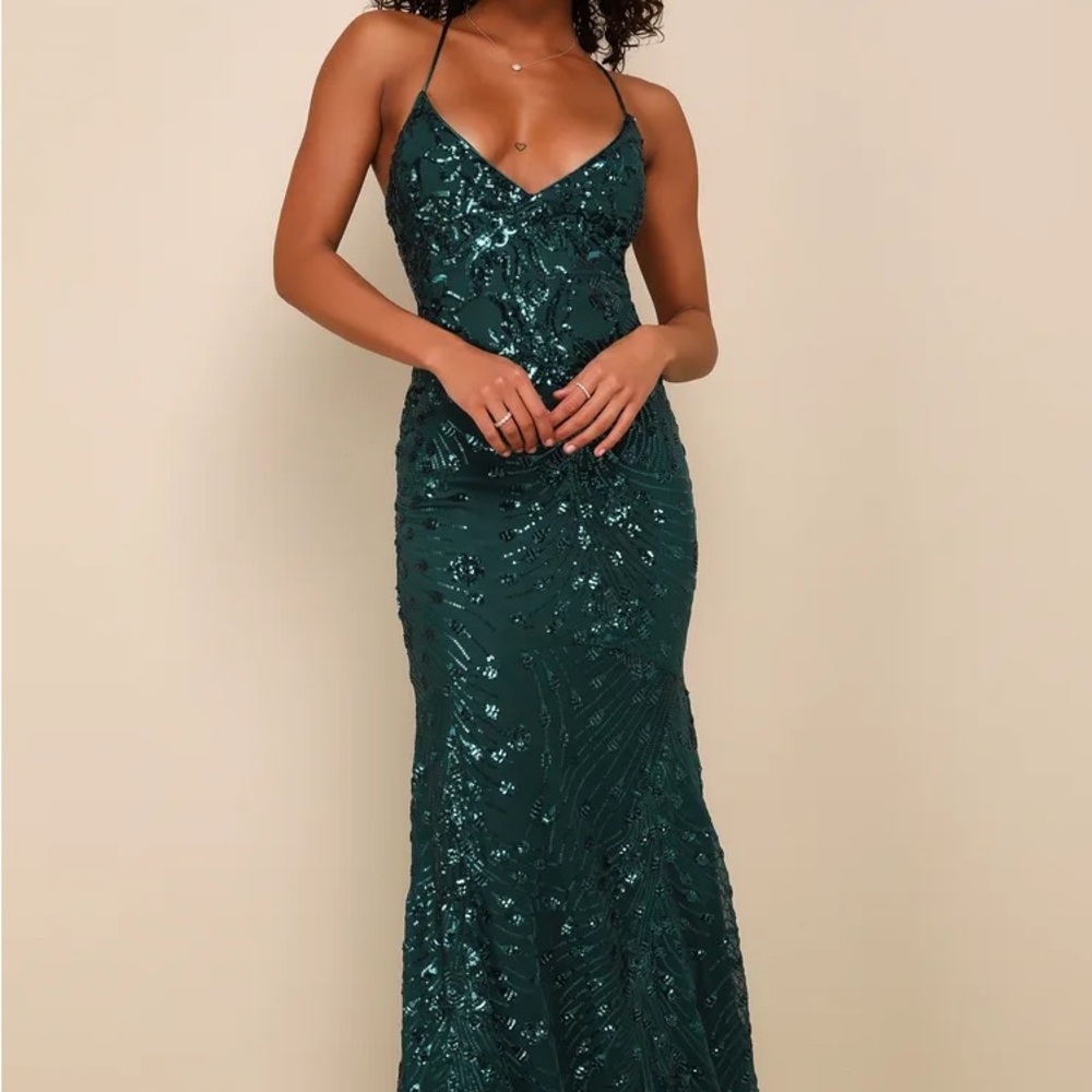 Lulus Photo Finish Forest Green Sequin Lace-Up Maxi Dress